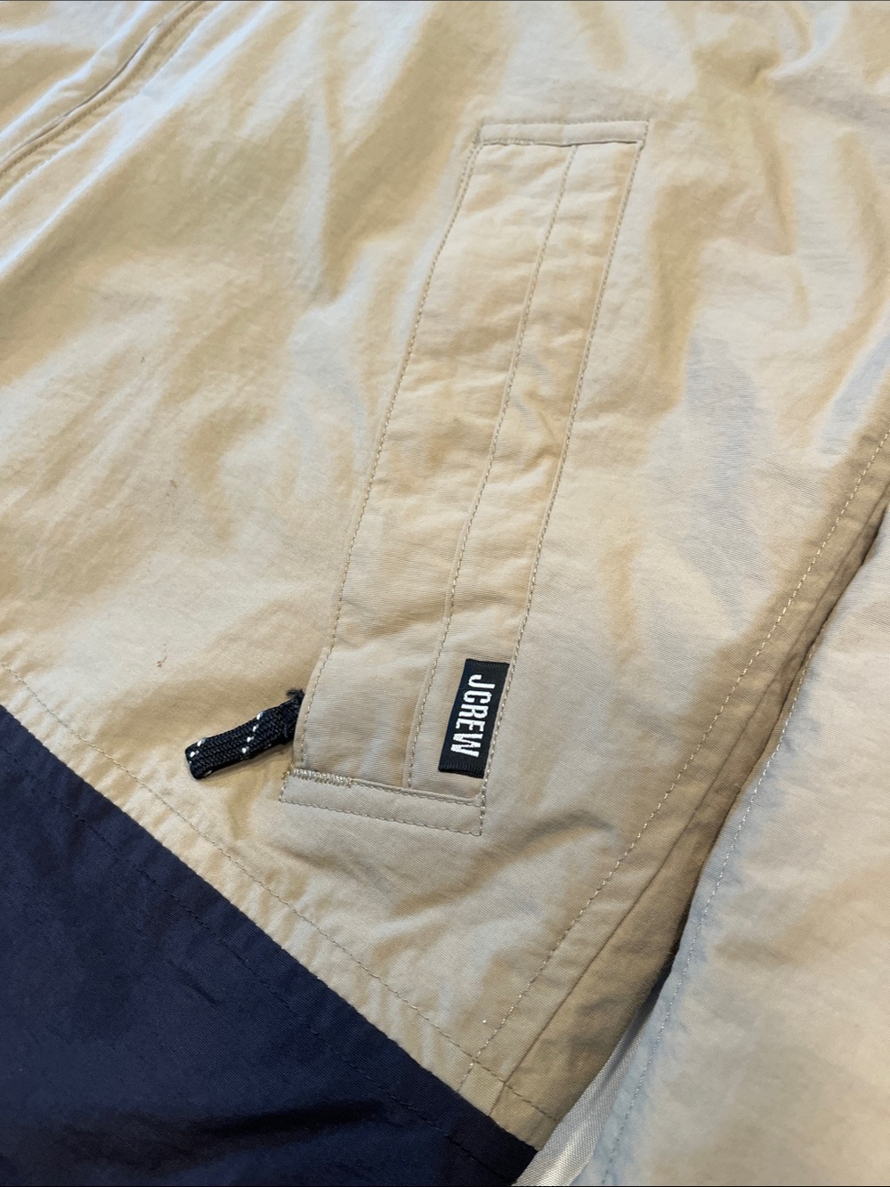 Vintage J.Crew Fleece Lined Jacket Mens Large Tan Navy Full Zip Windbreaker Coat - Picture 3 of 8